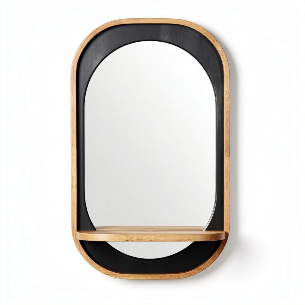 Wall-mounted mirror with wooden shelf, bamboo frame - 60 x 40 x 10cm